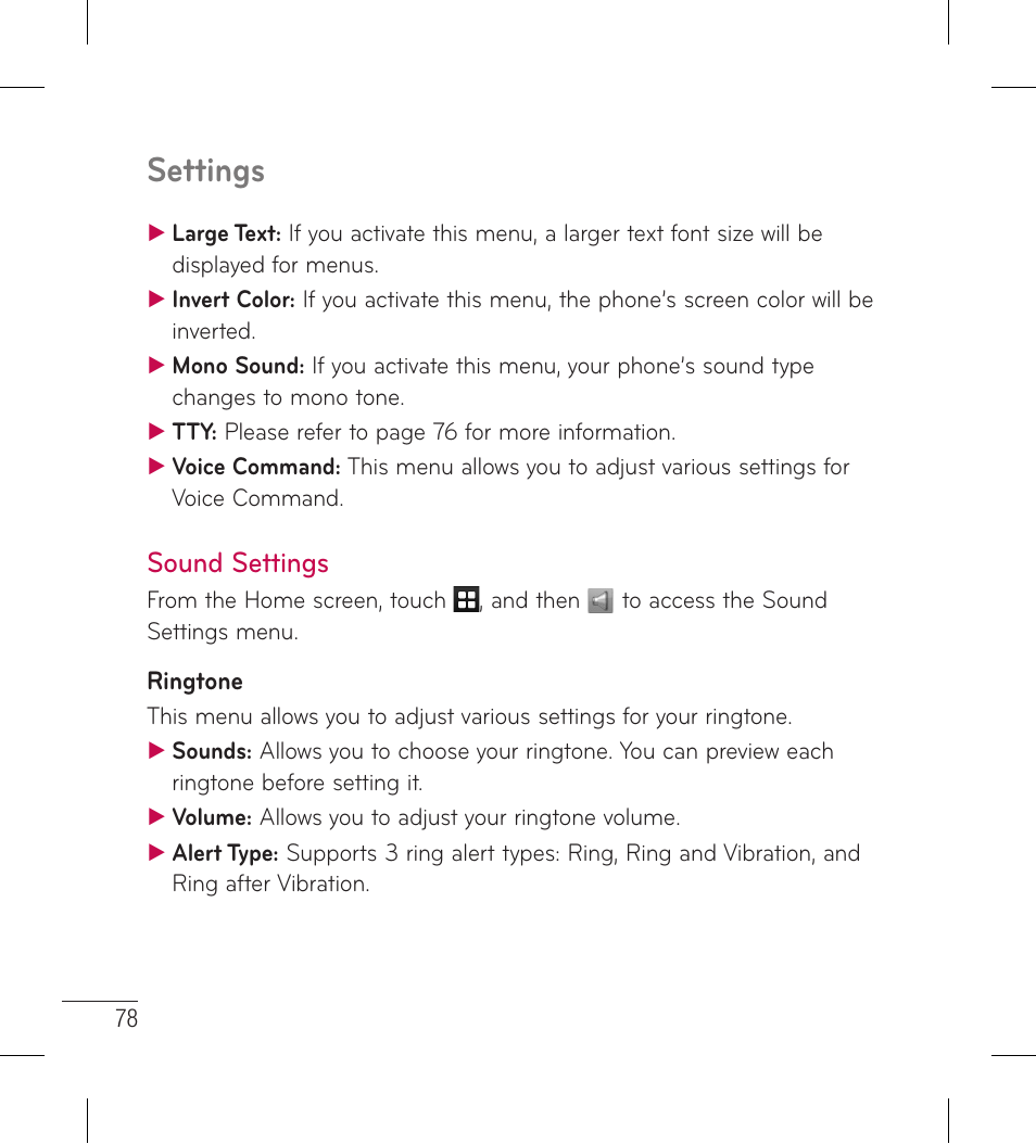 Sound settings, Settings | LG LG306G User Manual | Page 80 / 186