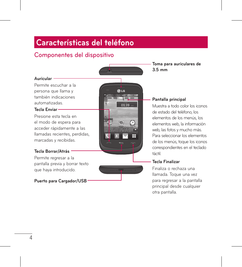 Características del teléfono, Componentes del dispositivo | LG LG306G User Manual | Page 92 / 186