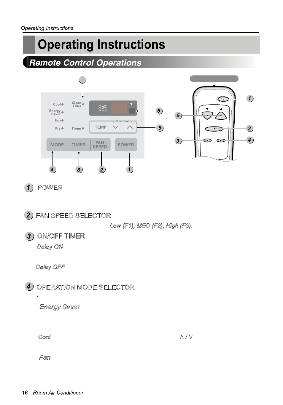 Т³гж 17, Operation mode selector, On/off timer | Energy saver, Fan speed selector, Power | LG LW1014ER User Manual | Page 16 / 48
