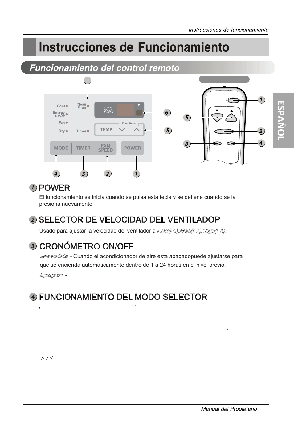 Т³гж 42, Power, Selector de velocidad del ventiladop | Cronometro on/off, Funcionamiento del modo selector | LG LW1014ER User Manual | Page 39 / 48