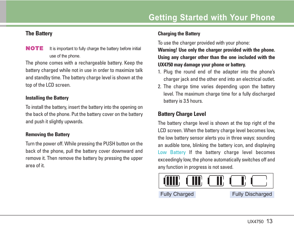 Getting started with your phone | LG LGUX4750 User Manual | Page 13 / 92