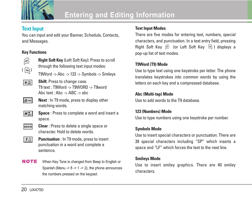 Entering and editing information, Text input | LG LGUX4750 User Manual | Page 20 / 92