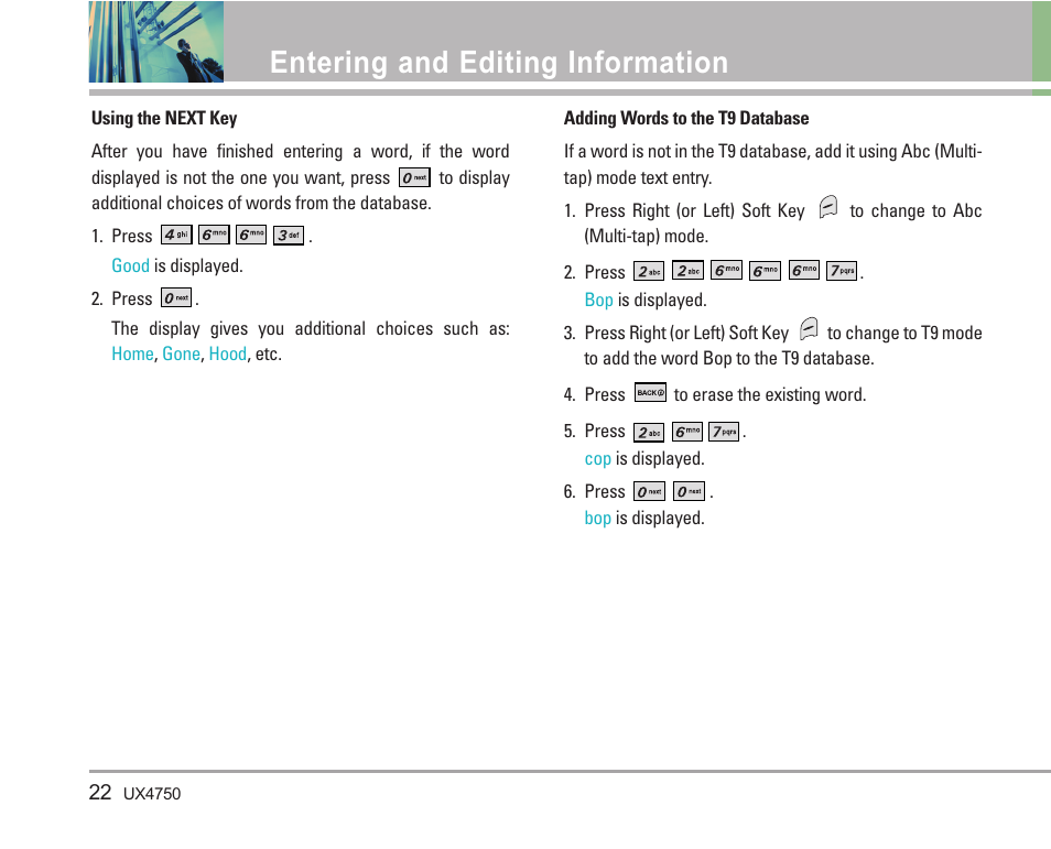 Entering and editing information | LG LGUX4750 User Manual | Page 22 / 92