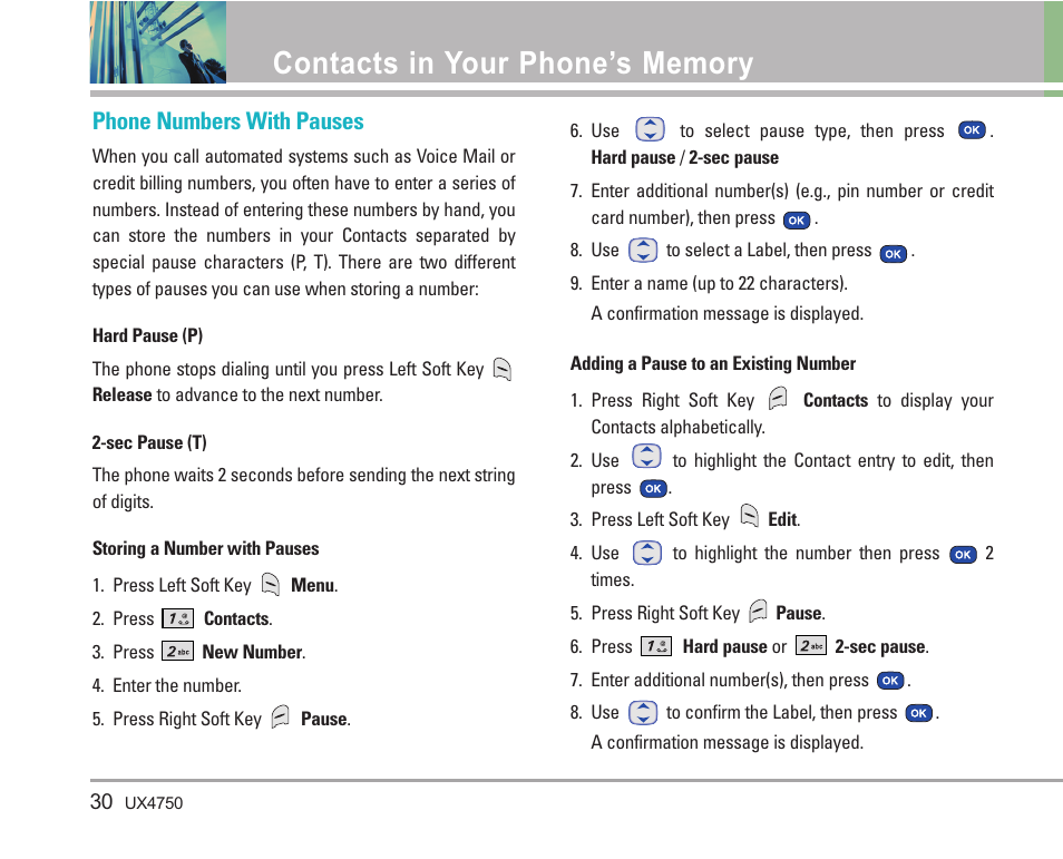 Phone numbers with pauses | LG LGUX4750 User Manual | Page 30 / 92