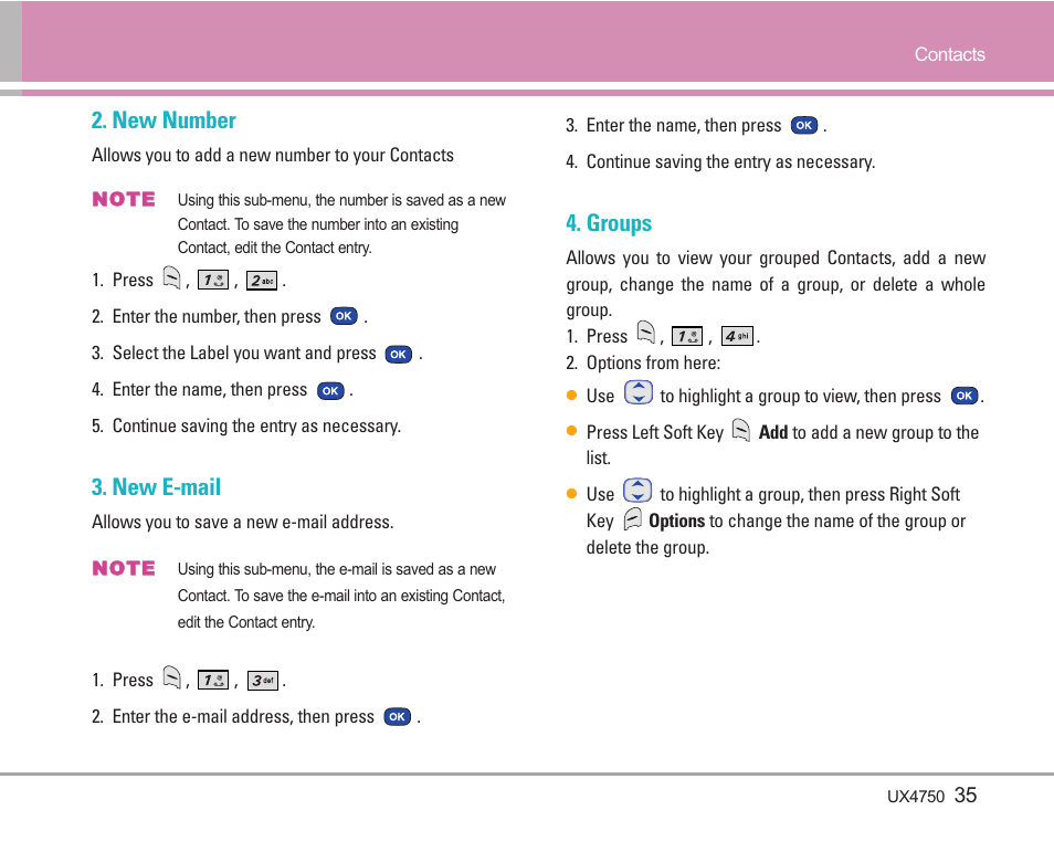 New number, New e-mail, Groups | LG LGUX4750 User Manual | Page 35 / 92