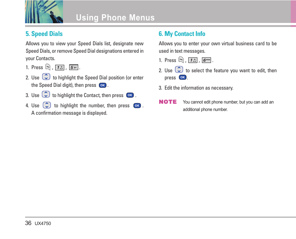 Using phone menus, Speed dials, My contact info | LG LGUX4750 User Manual | Page 36 / 92