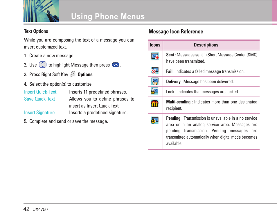 Using phone menus | LG LGUX4750 User Manual | Page 42 / 92