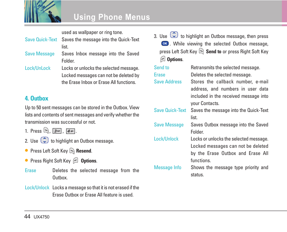 Using phone menus, Outbox | LG LGUX4750 User Manual | Page 44 / 92