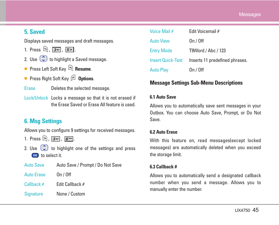 Saved, Msg settings | LG LGUX4750 User Manual | Page 45 / 92