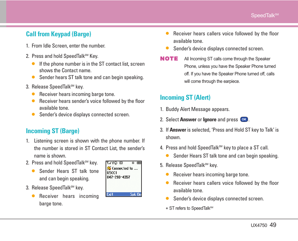 Call from keypad (barge), Incoming st (barge), Incoming st (alert) | LG LGUX4750 User Manual | Page 49 / 92