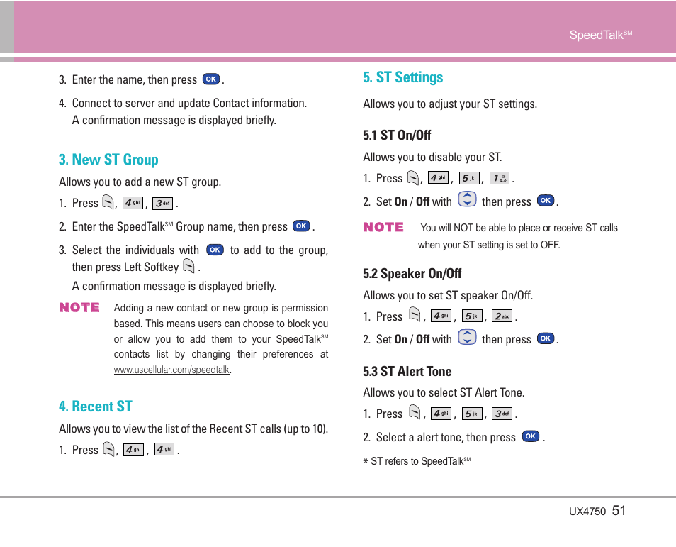 New st group, Recent st, St settings | LG LGUX4750 User Manual | Page 51 / 92