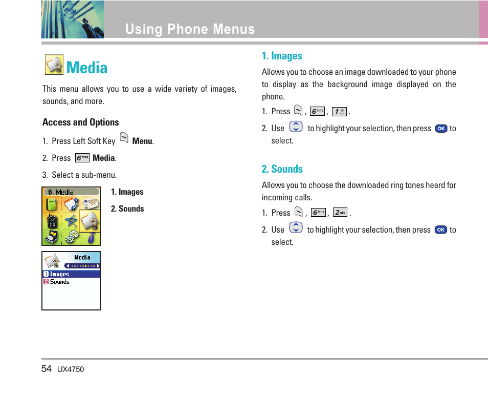 Media, Using phone menus | LG LGUX4750 User Manual | Page 54 / 92