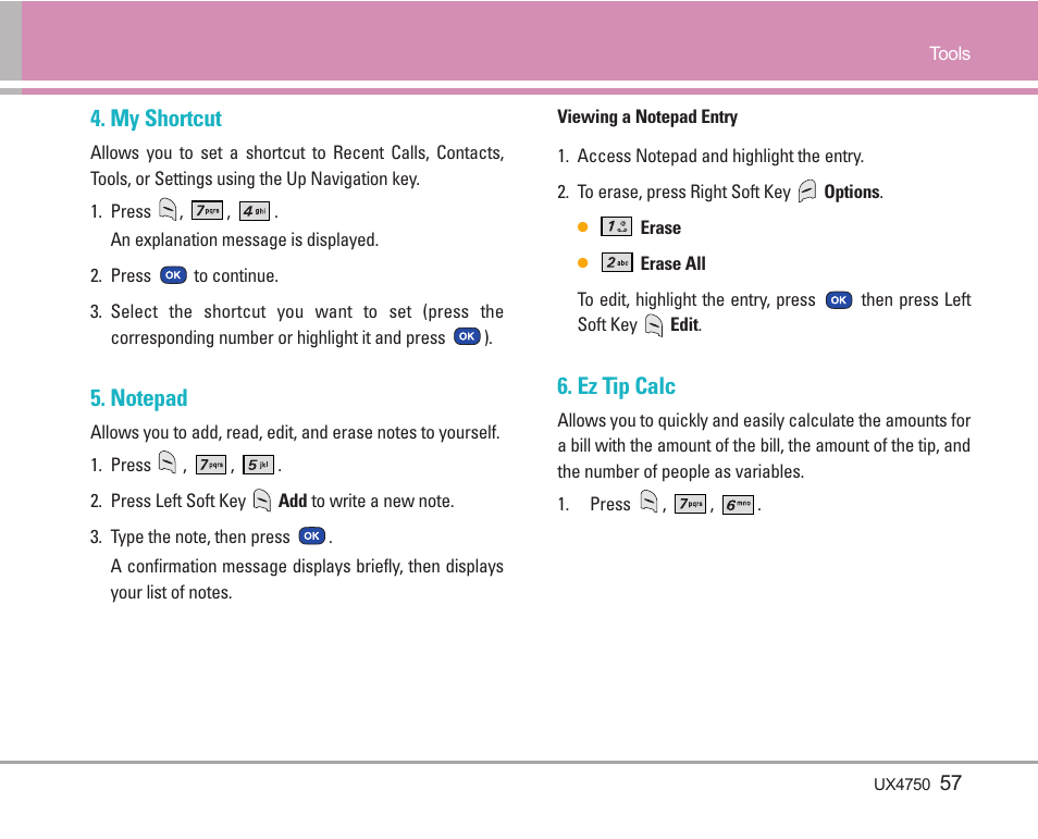 My shortcut, Ez tip calc | LG LGUX4750 User Manual | Page 57 / 92