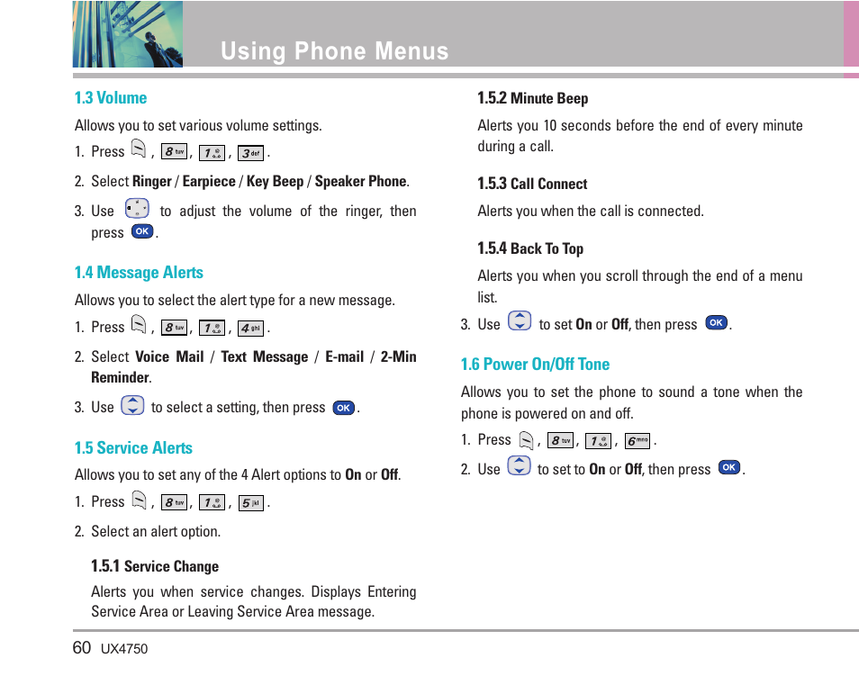 Using phone menus | LG LGUX4750 User Manual | Page 60 / 92