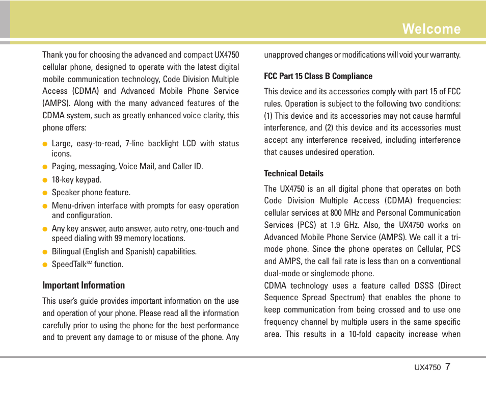 Welcome | LG LGUX4750 User Manual | Page 7 / 92