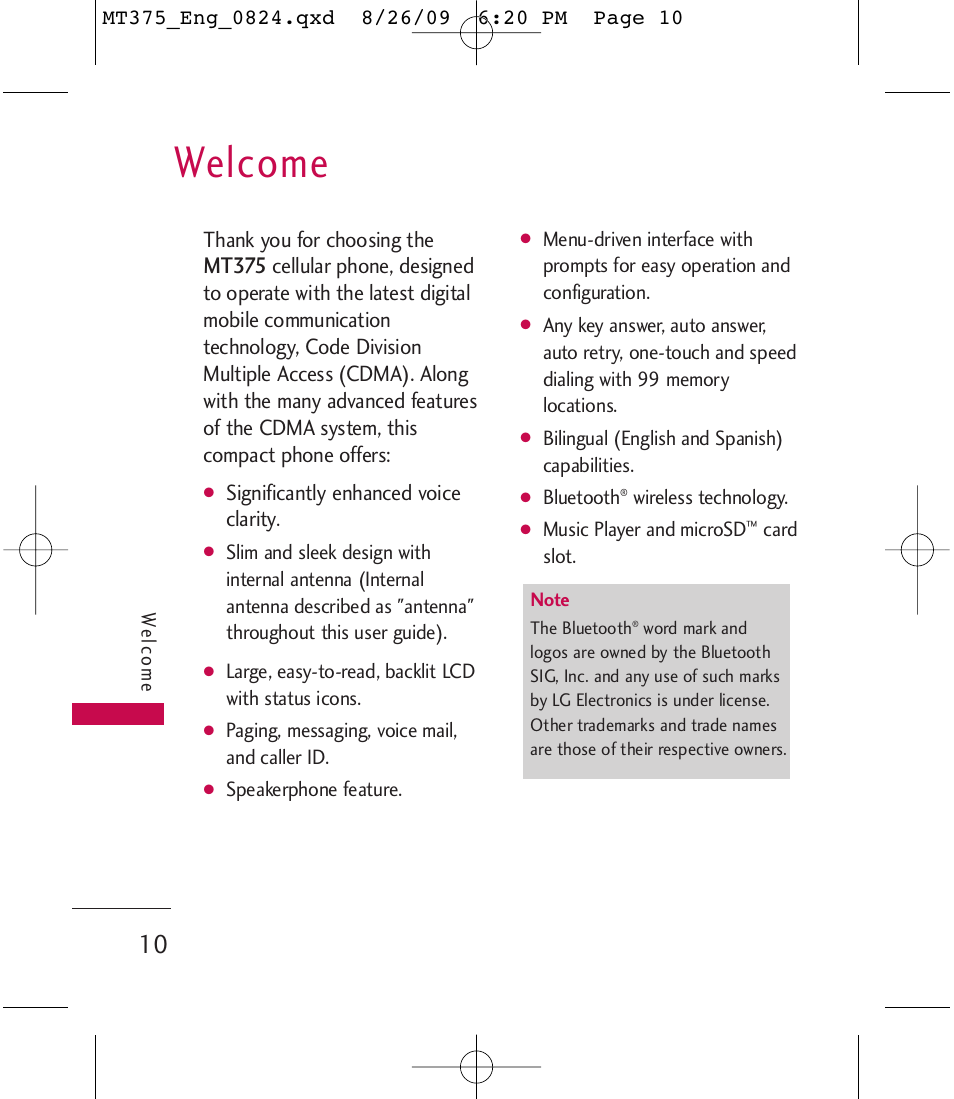 Welcome, Mt375 | LG MT375 User Manual | Page 10 / 111