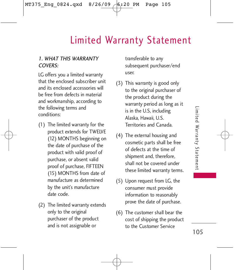 Limited warranty statement | LG MT375 User Manual | Page 105 / 111