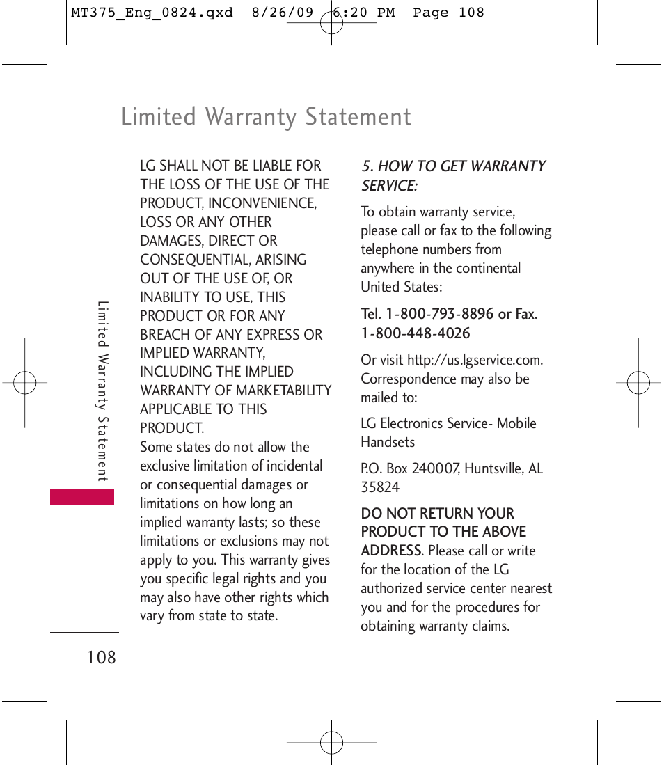 Limited warranty statement | LG MT375 User Manual | Page 108 / 111