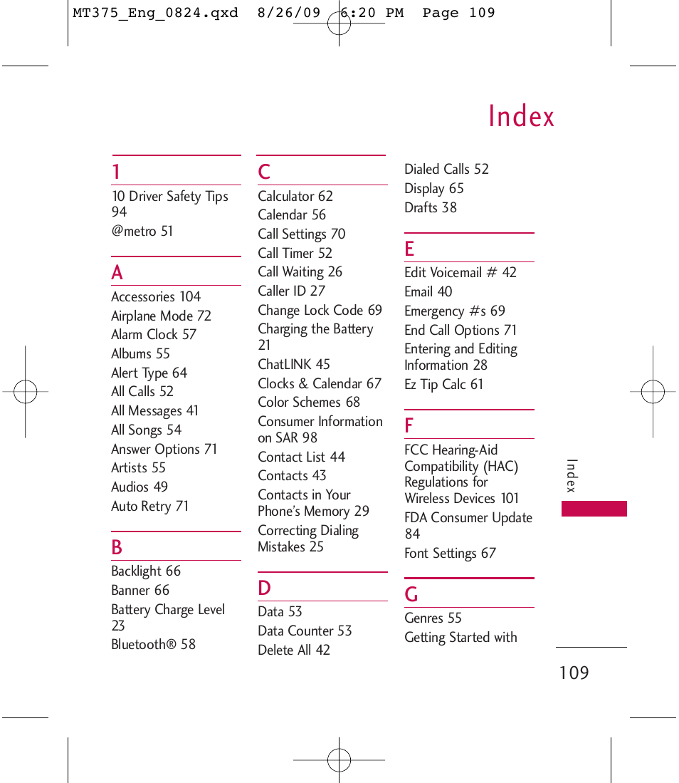 Index | LG MT375 User Manual | Page 109 / 111