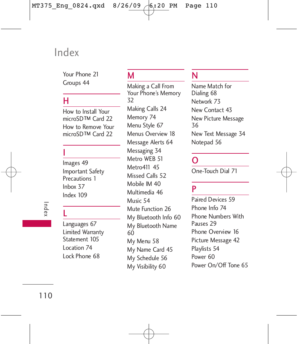 Index | LG MT375 User Manual | Page 110 / 111