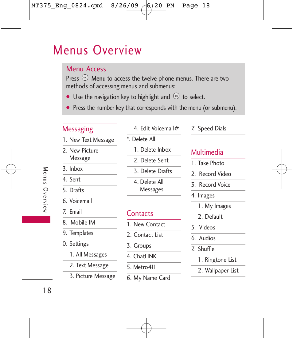 Menus overview, Messaging, Contacts | Multimedia, Menu access | LG MT375 User Manual | Page 18 / 111