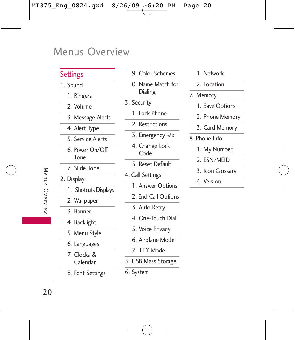 Menus overview, Settings | LG MT375 User Manual | Page 20 / 111