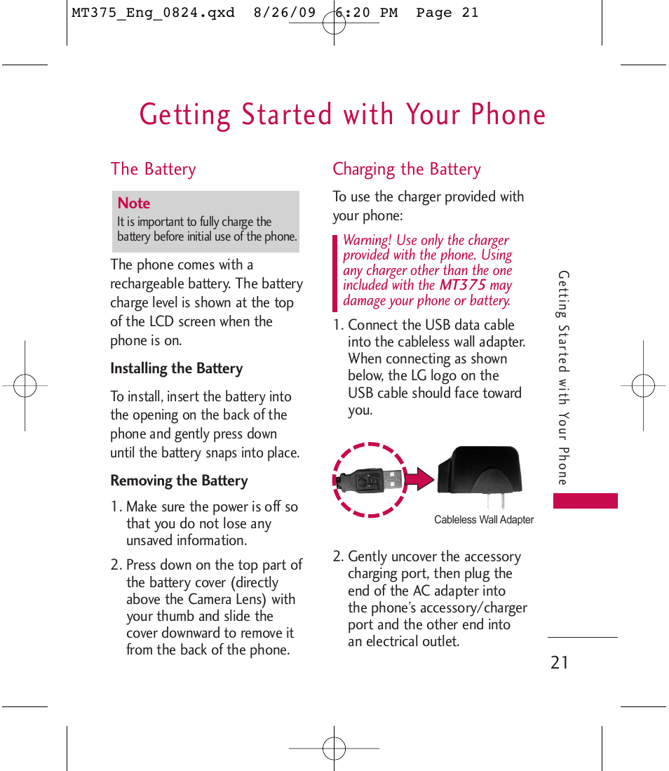 Getting started with your phone | LG MT375 User Manual | Page 21 / 111