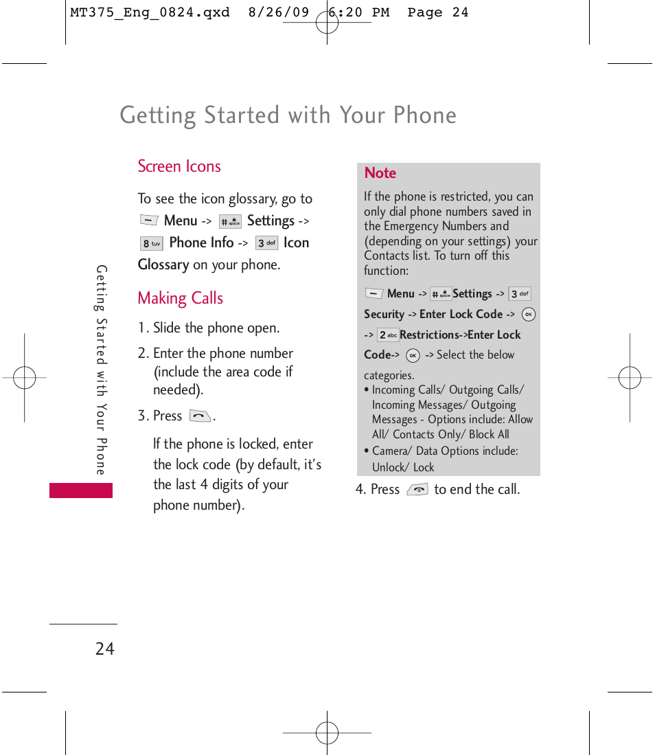 Getting started with your phone, Screen icons, Making calls | LG MT375 User Manual | Page 24 / 111