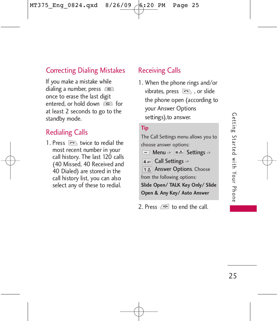 Correcting dialing mistakes, Redialing calls, Receiving calls | LG MT375 User Manual | Page 25 / 111