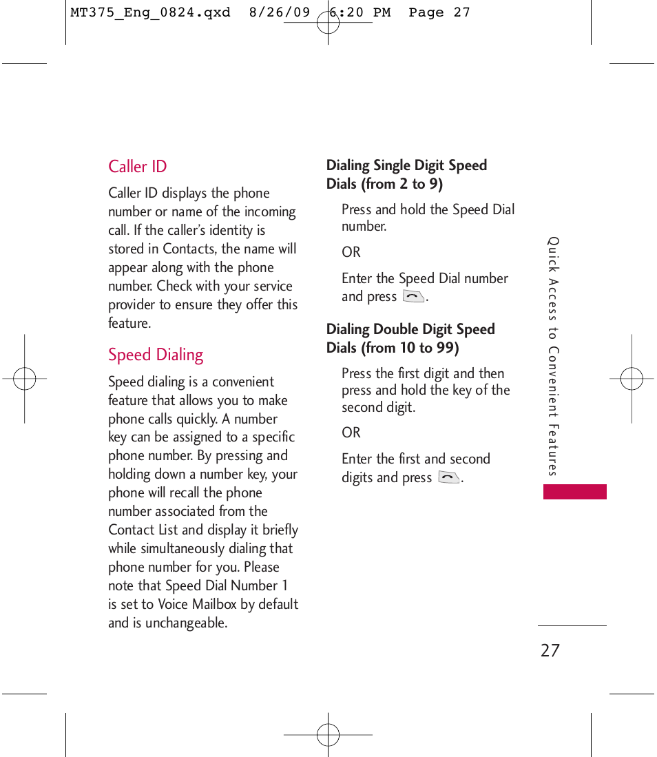 Caller id, Speed dialing | LG MT375 User Manual | Page 27 / 111