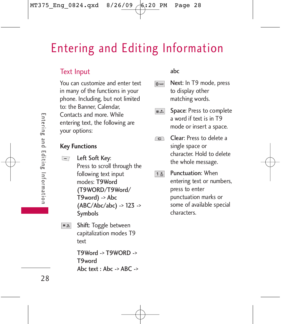 Entering and editing information | LG MT375 User Manual | Page 28 / 111