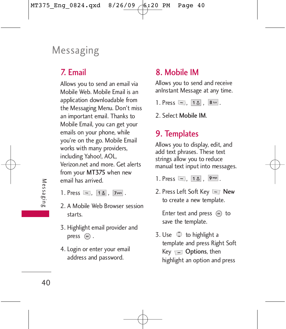 Messaging, Email, Mobile im | Templates | LG MT375 User Manual | Page 40 / 111