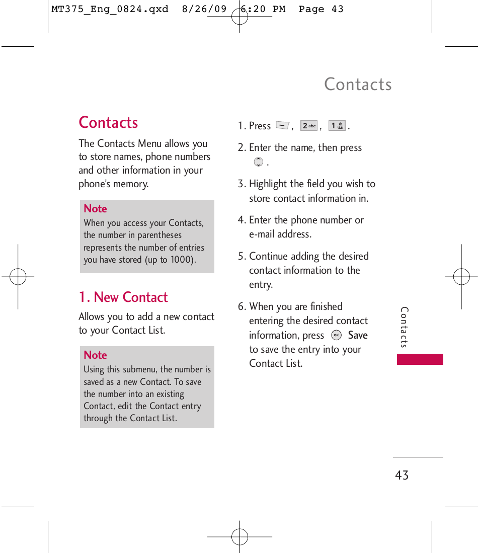 Contacts, New contact | LG MT375 User Manual | Page 43 / 111