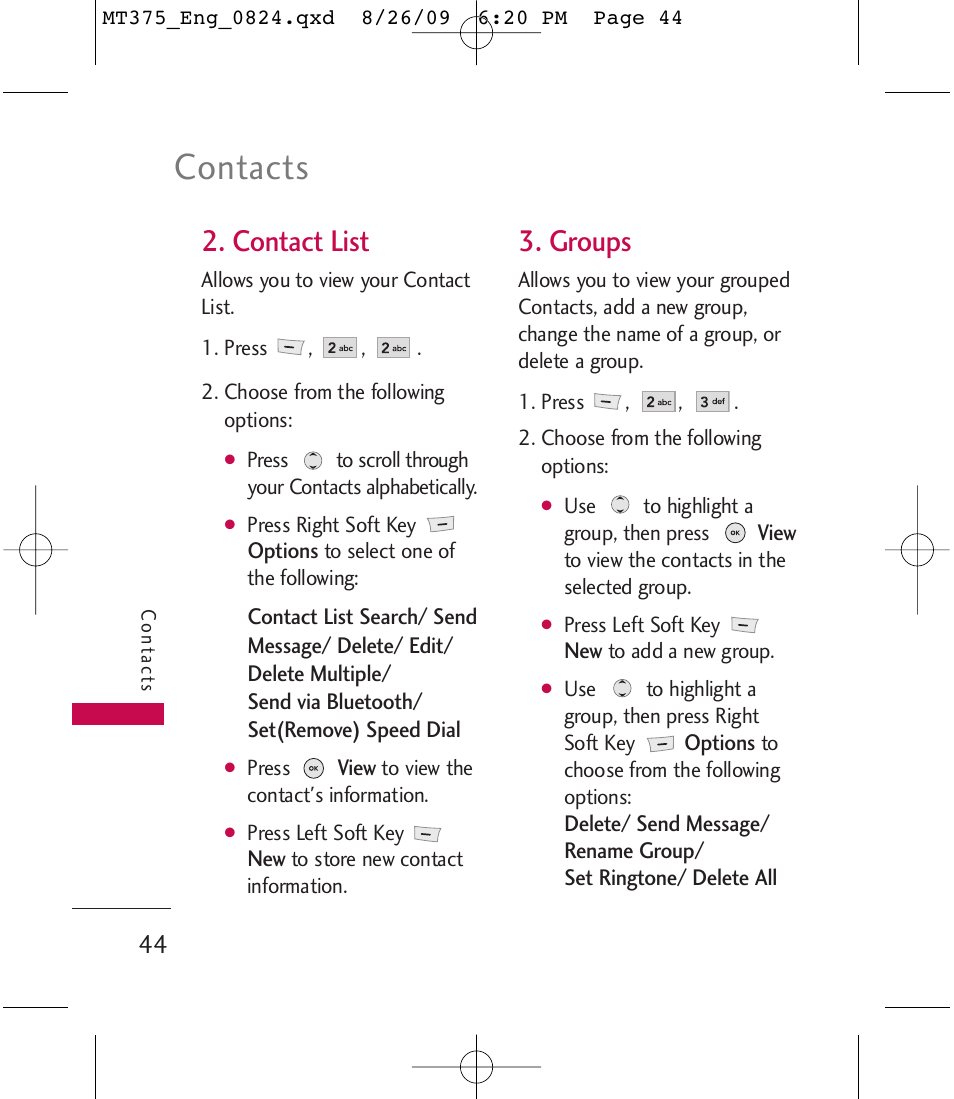 Contacts, Contact list, Groups | LG MT375 User Manual | Page 44 / 111