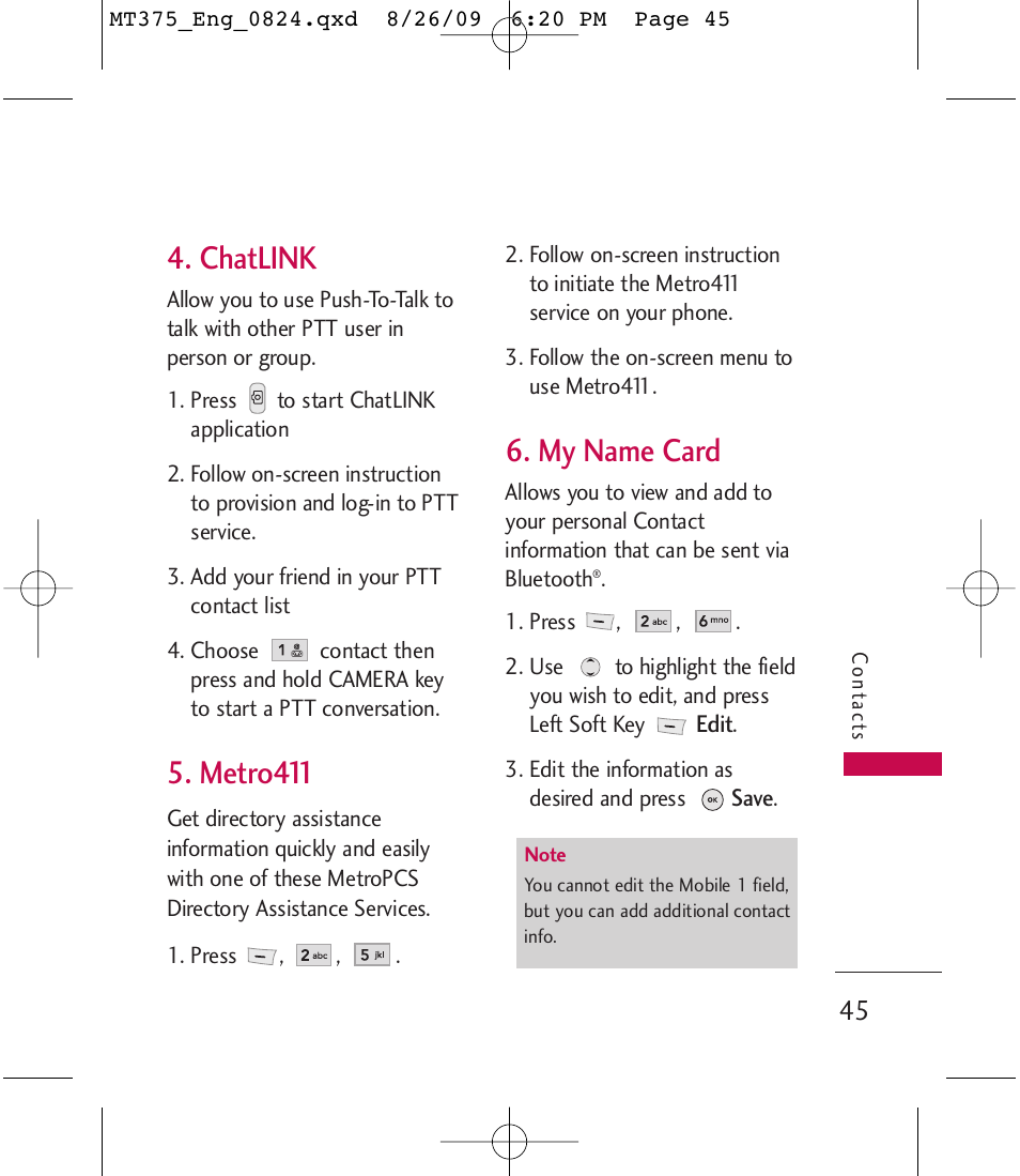 Chatlink, Metro411, My name card | LG MT375 User Manual | Page 45 / 111