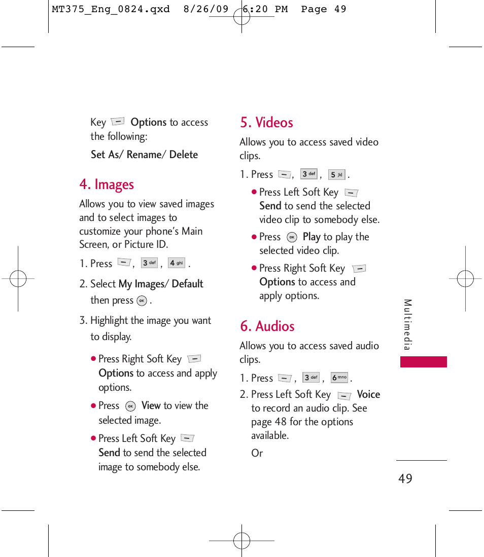 Images, Videos, Audios | LG MT375 User Manual | Page 49 / 111