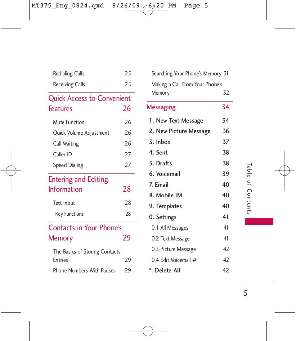 Quick access to convenient features 26, Entering and editing information 28 | LG MT375 User Manual | Page 5 / 111