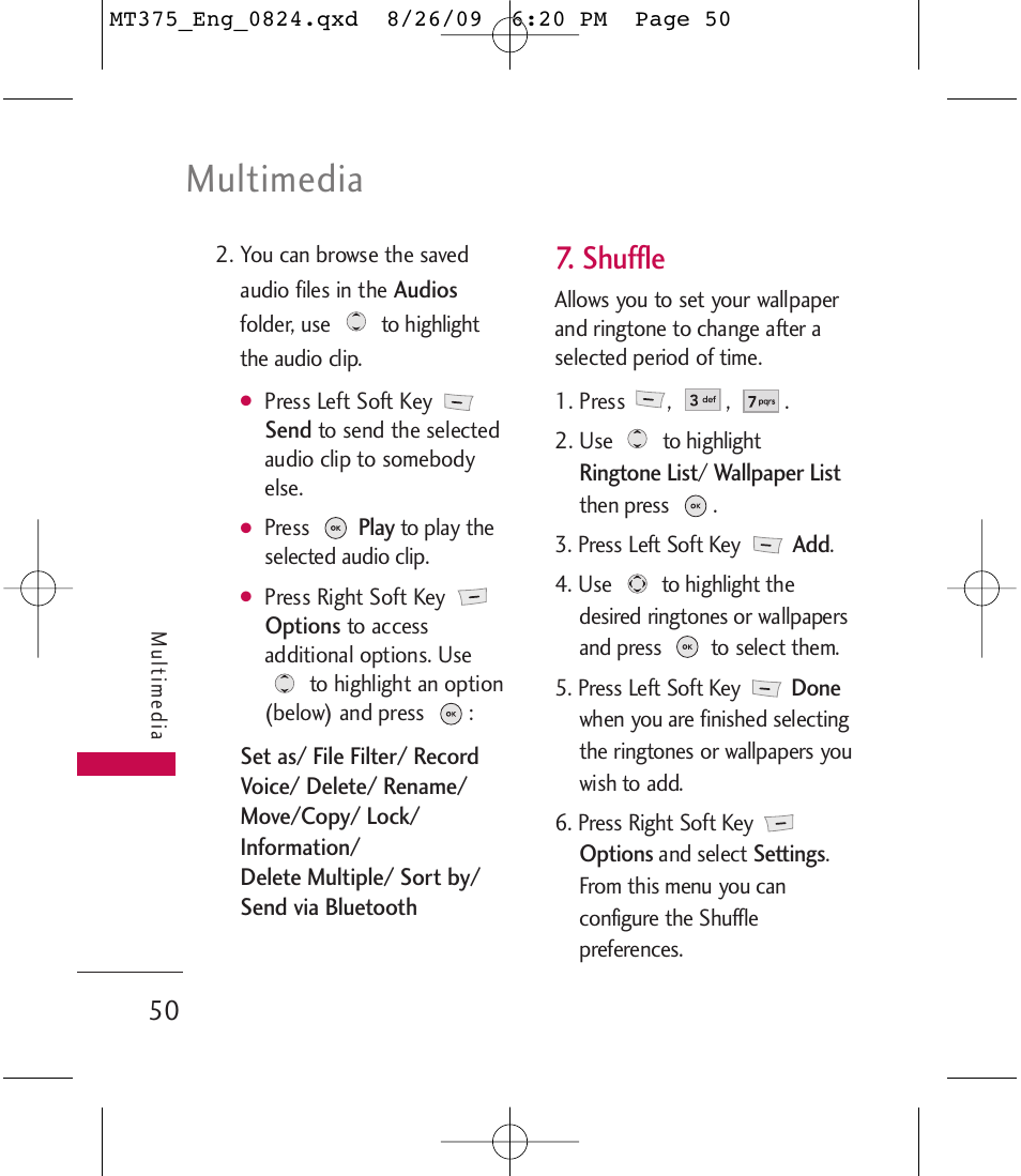 Multimedia, Shuffle | LG MT375 User Manual | Page 50 / 111