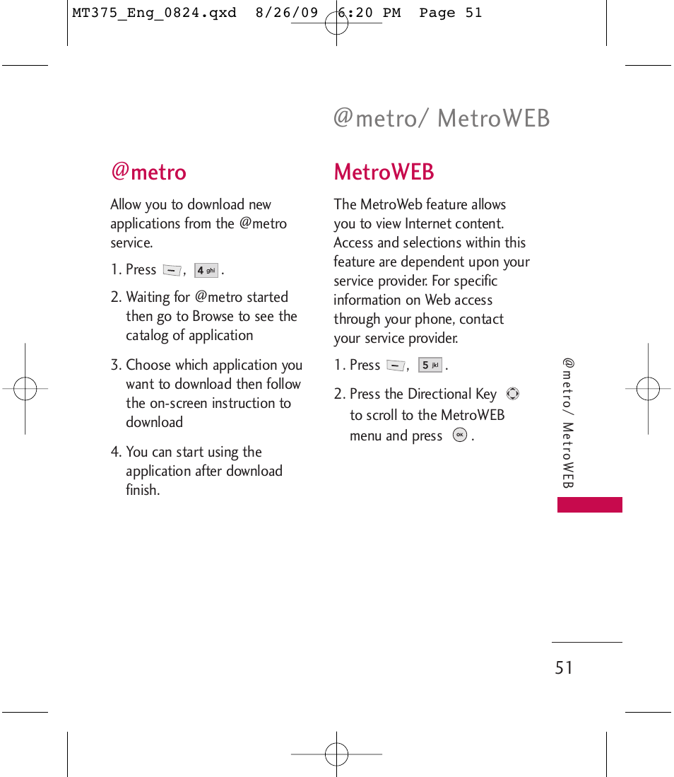 Metro/ metroweb, Metro, Metroweb | LG MT375 User Manual | Page 51 / 111