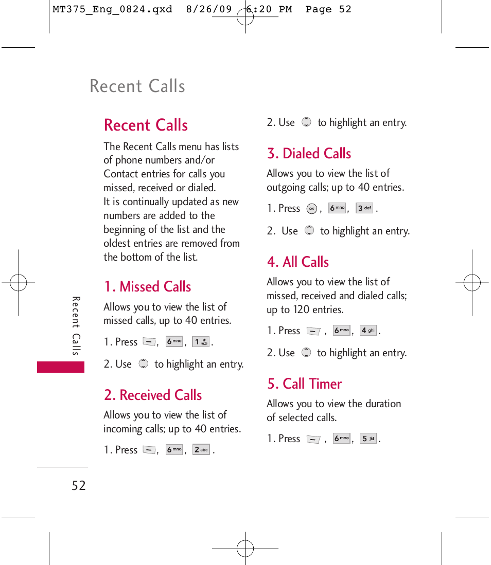 Recent calls, Missed calls, Received calls | Dialed calls, All calls, Call timer | LG MT375 User Manual | Page 52 / 111