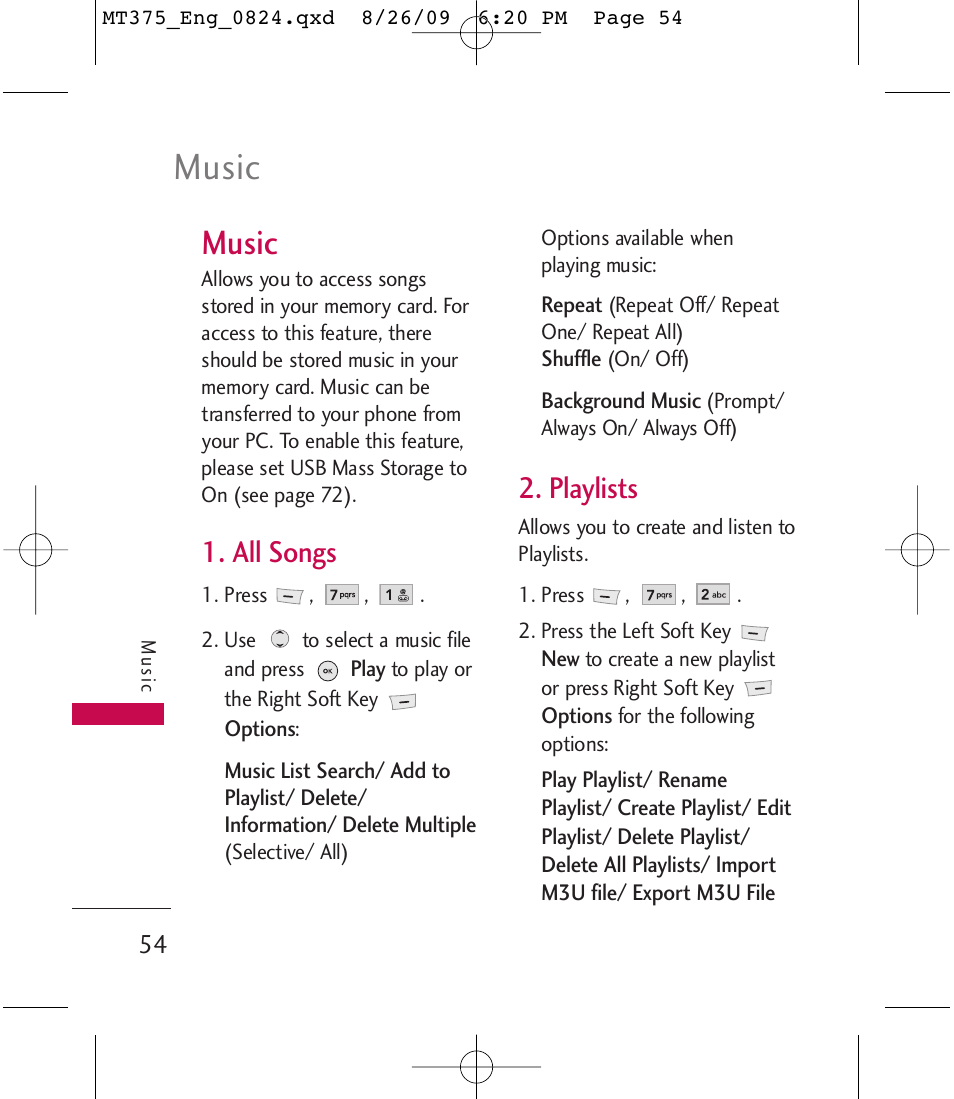 Music, All songs, Playlists | LG MT375 User Manual | Page 54 / 111