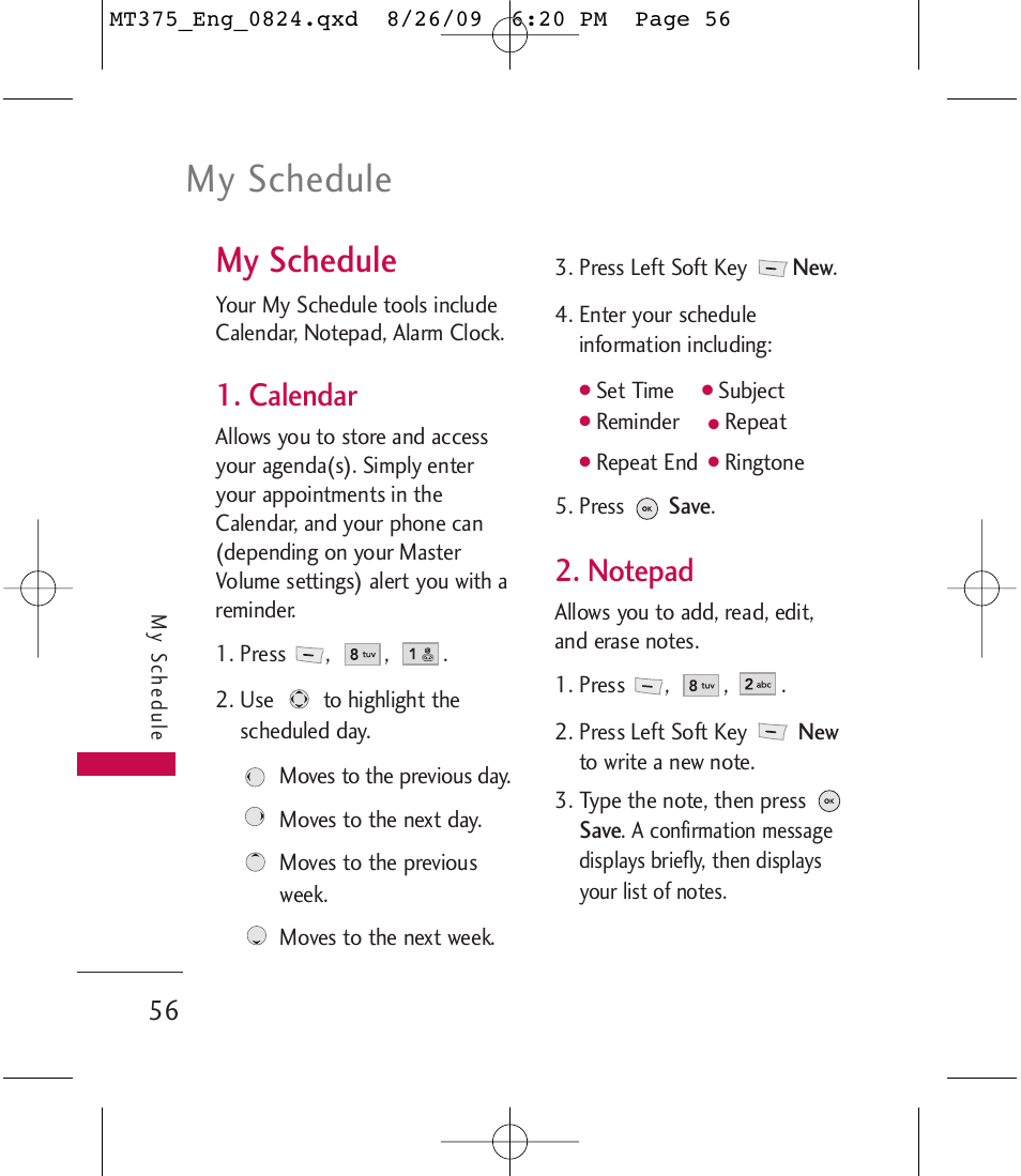 My schedule, Calendar | LG MT375 User Manual | Page 56 / 111