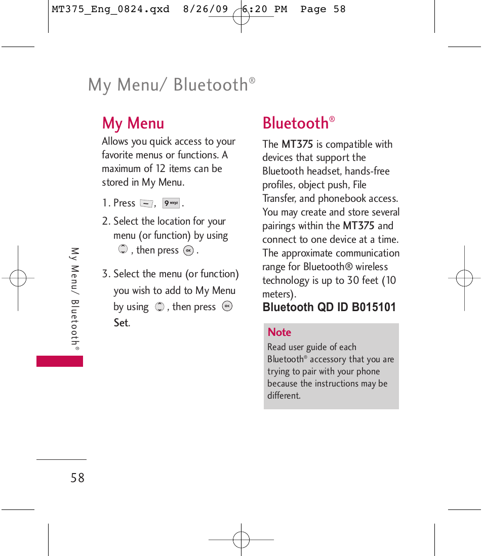 My menu/ bluetooth, My menu, Bluetooth | LG MT375 User Manual | Page 58 / 111