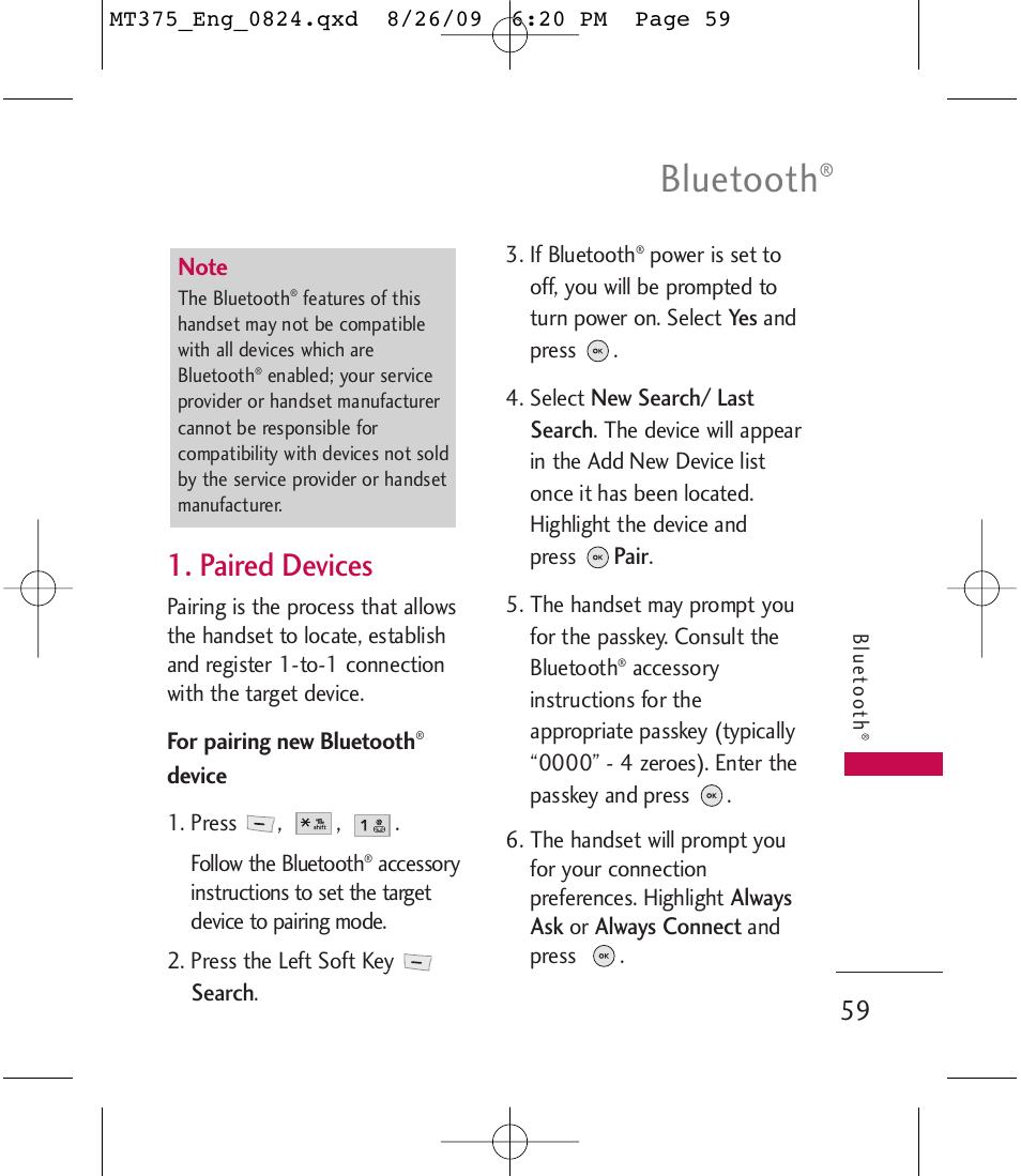 Bluetooth, Paired devices | LG MT375 User Manual | Page 59 / 111