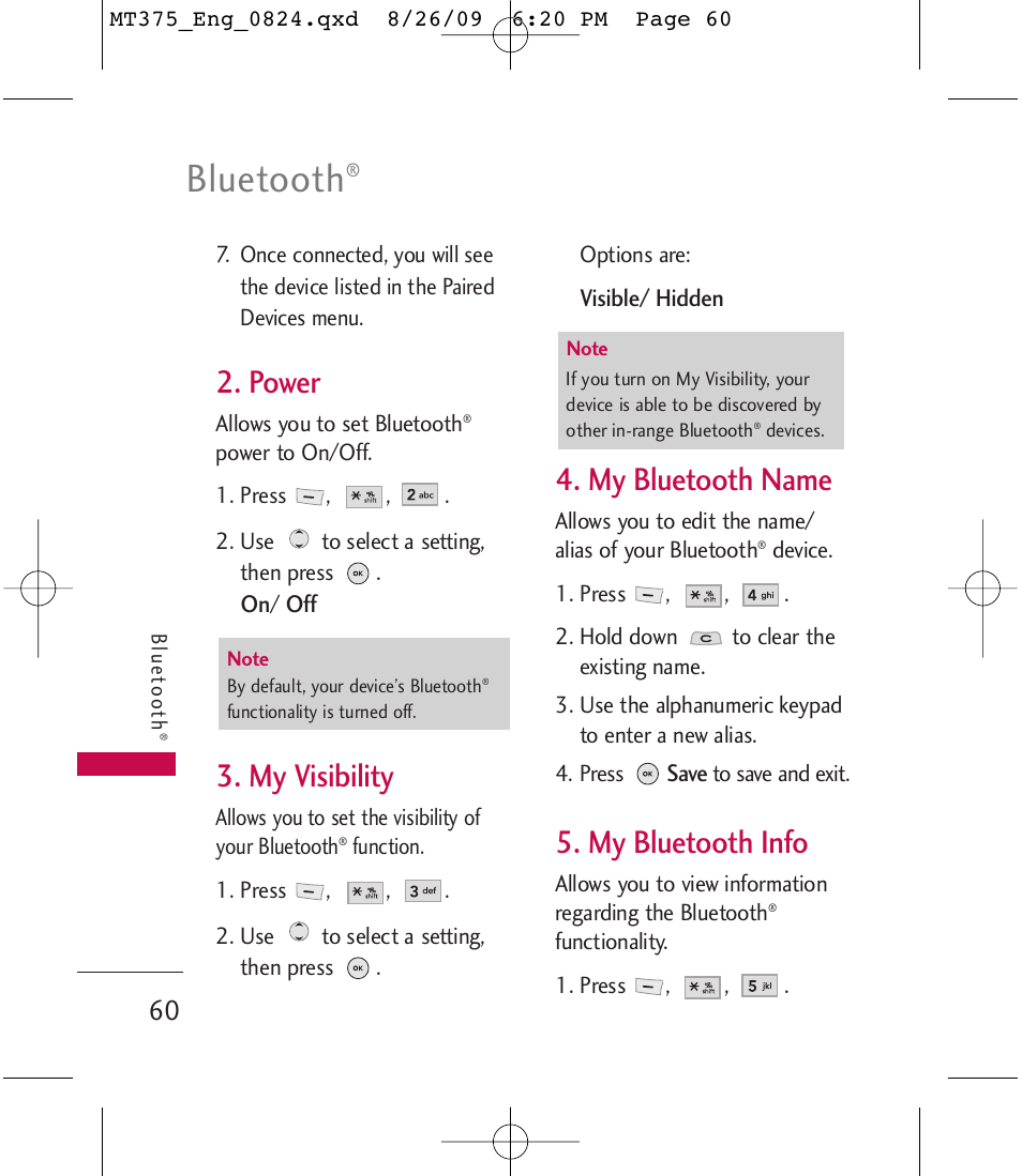 Bluetooth, Power, My visibility | My bluetooth name, My bluetooth info | LG MT375 User Manual | Page 60 / 111