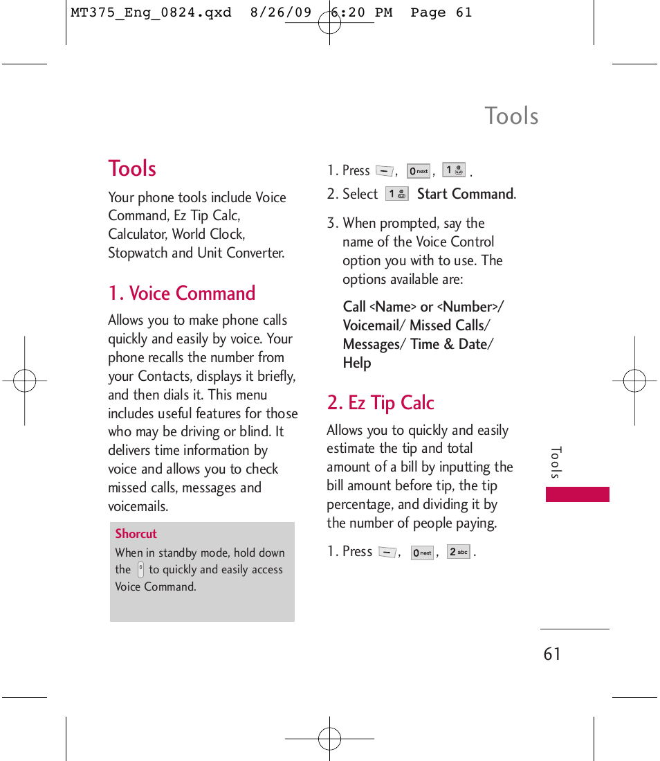 Tools, Voice command, Ez tip calc | LG MT375 User Manual | Page 61 / 111