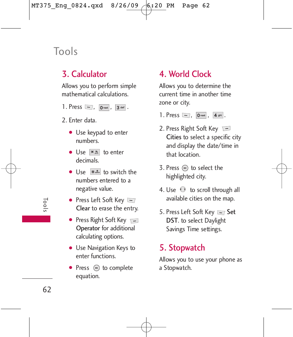 Tools, Calculator, World clock | Stopwatch | LG MT375 User Manual | Page 62 / 111