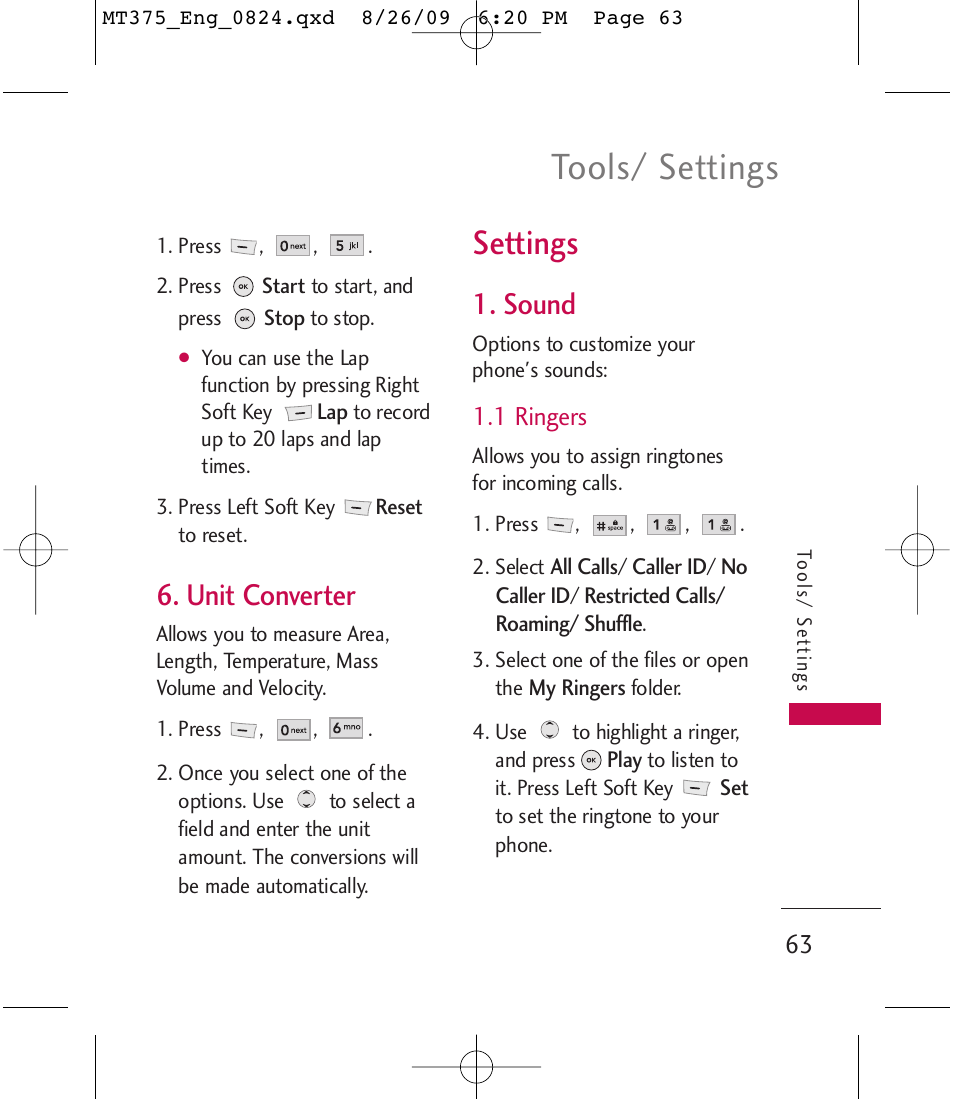 Tools/ settings, Settings, Unit converter | Sound | LG MT375 User Manual | Page 63 / 111