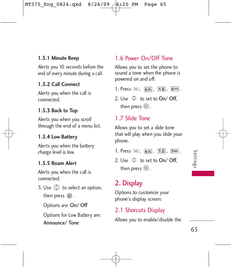 Display | LG MT375 User Manual | Page 65 / 111