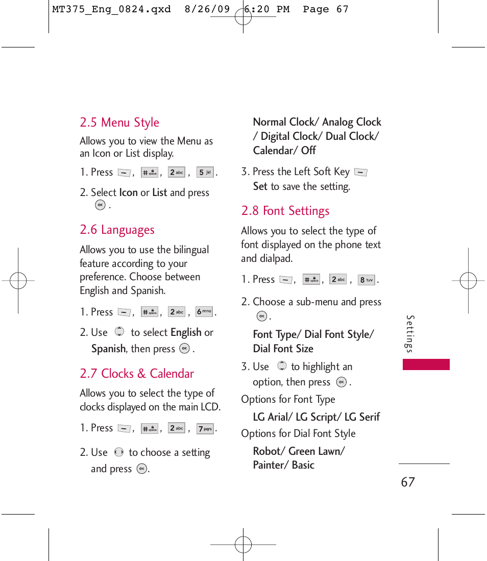 5 menu style, 6 languages, 7 clocks & calendar | 8 font settings | LG MT375 User Manual | Page 67 / 111